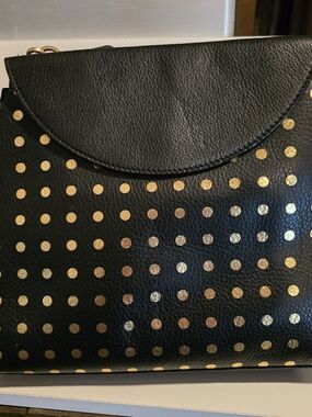 Black Faux Leather Polka Dot Shoulder Bag - Gold Accent